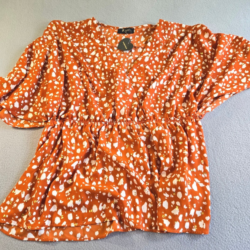 Merit Blouse Womens 1XL Orange White Animal Print Gold Foil V-Neck Peplum Top
